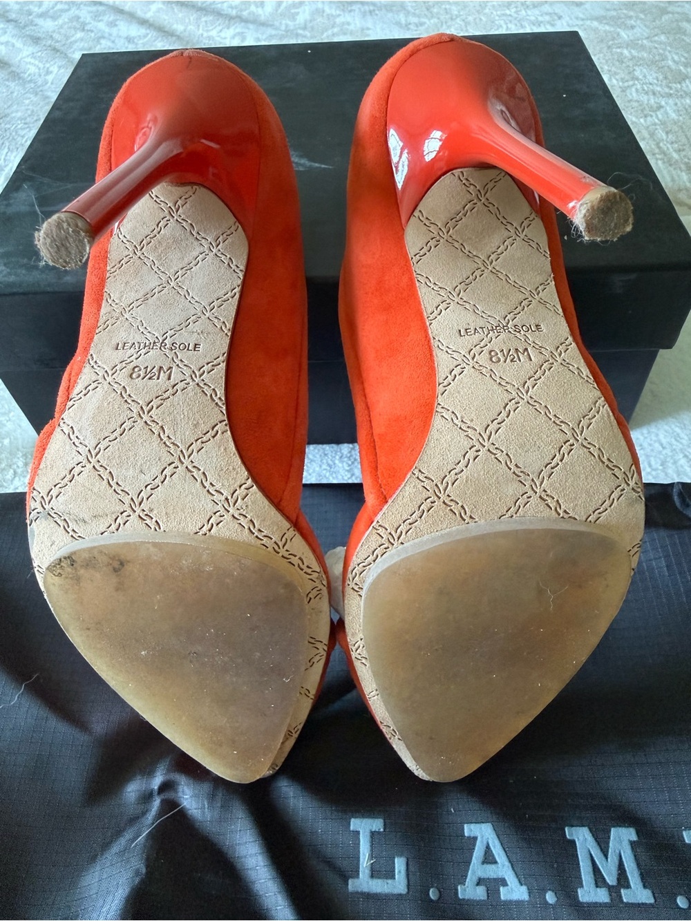 L.A.M.B. Meredith Orange Suede Pointed-Toe Pumps - Picture 6 of 8